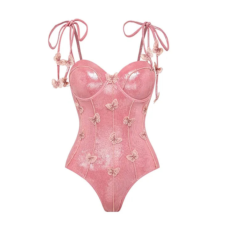 Pembe Parlak Kelebek Detaylı Mayo Takımı