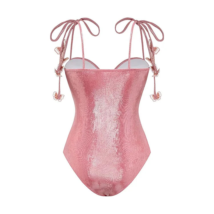 Pembe Parlak Kelebek Detaylı Mayo Takımı
