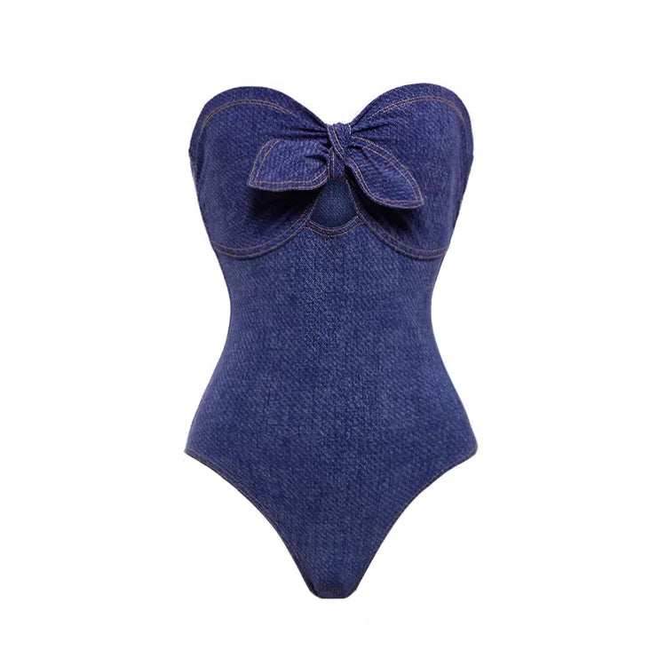 Straplez Denim Desenli Mayo Takımı